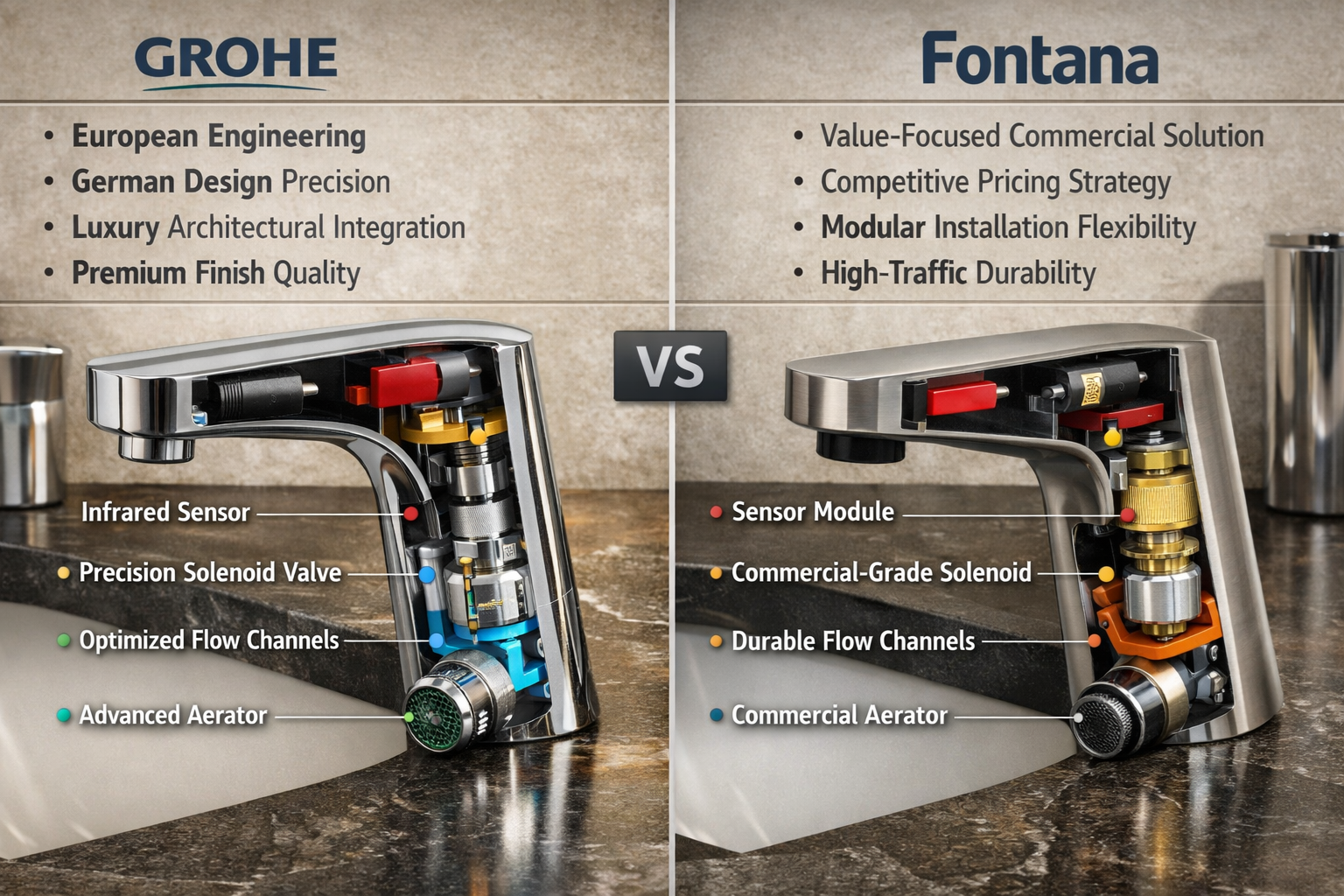 Comparison of GROHE European engineering versus Fontana value-focused solutions